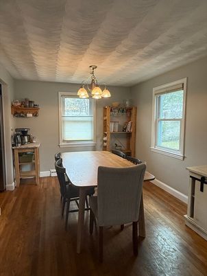 Dining room, Interior, Pendant Lights, Wood Texture Flooring