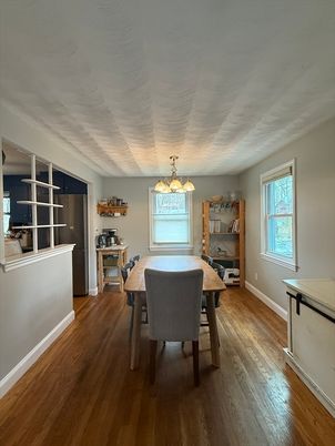 Dining room, Interior, Pendant Lights, Wood Texture Flooring