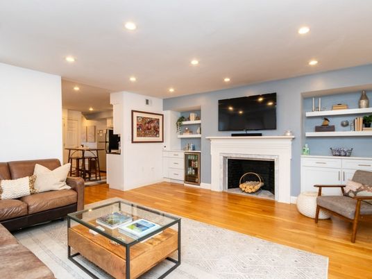 Fireplace, Interior, Living room, Recessed Lighting, Wood Texture Flooring