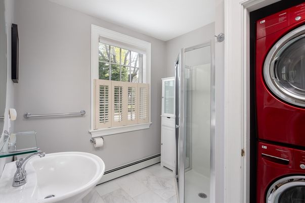 Bathroom, Glass Shower, Interior, Marble, Utility Closets, Washer