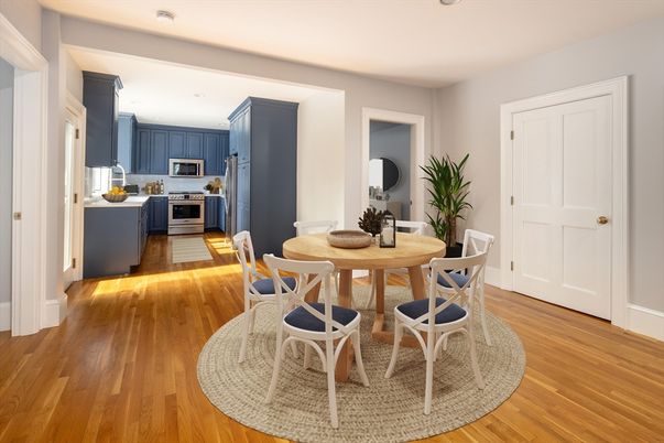 Dining room, Interior, Kitchen, Recessed Lighting, Stainless Steel Appliances, Wood Texture Flooring