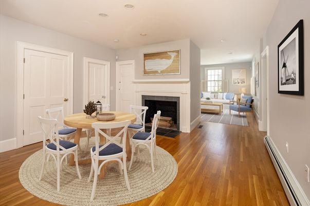 Dining room, Fireplace, Interior, Living room, Recessed Lighting, Wood Texture Flooring