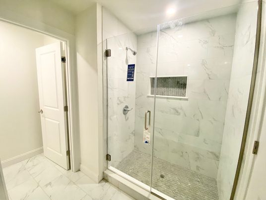 Bathroom, Glass Shower, Interior, Marble, Marble Walls, Recessed Lighting