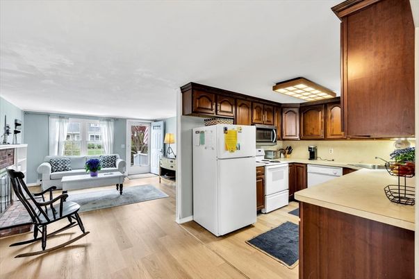 Fireplace, Interior, Kitchen, Living room, Wood Texture Flooring