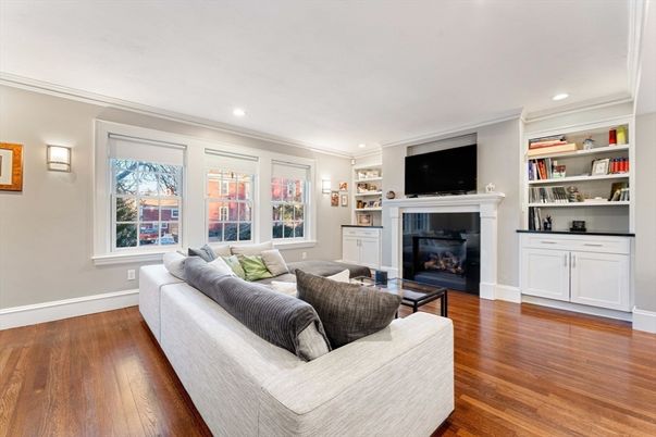 Fireplace, Interior, Living room, Recessed Lighting, Wood Texture Flooring