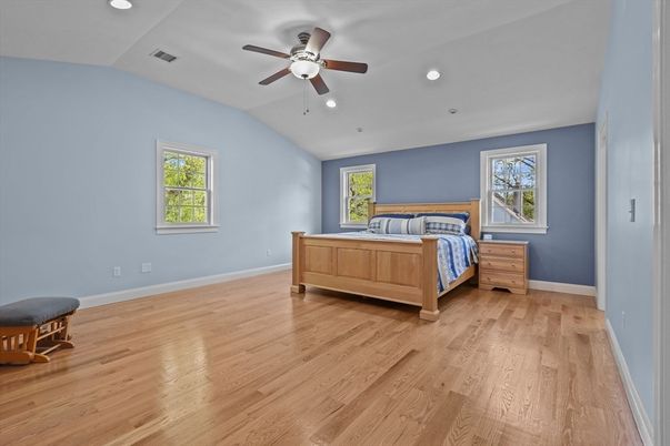 Bedroom, Interior, Recessed Lighting, Wood Texture Flooring