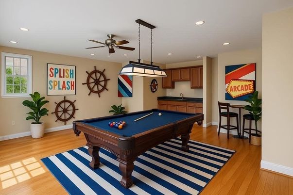 Billiard Table, Game Room, Interior, Pendant Lights, Recessed Lighting, Wood Texture Flooring