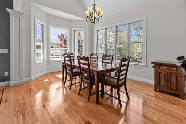 Chandelier, Dining room, Interior, Wood Texture Flooring