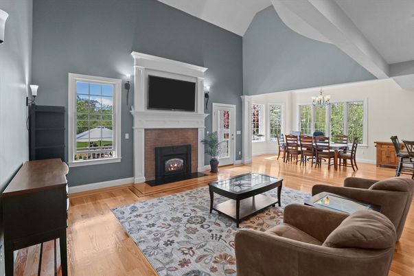 Chandelier, Dining room, Fireplace, Interior, Living room, Wood Texture Flooring