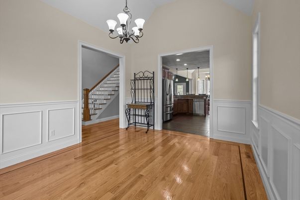 Chandelier, Empty room, Interior, Kitchen, Wood Texture Flooring