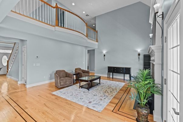 Fireplace, Interior, Living room, Recessed Lighting, Wood Texture Flooring