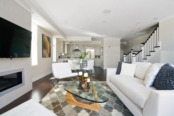 Dining room, Interior, Kitchen, Living room, Recessed Lighting, Stainless Steel Appliances, Wood Texture Flooring