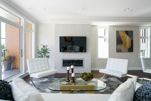 Fireplace, Interior, Living room, Recessed Lighting, Wood Texture Flooring