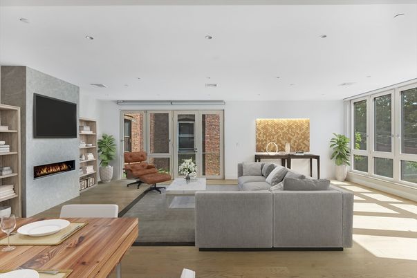 Fireplace, Interior, Living room, Recessed Lighting, Wood Texture Flooring