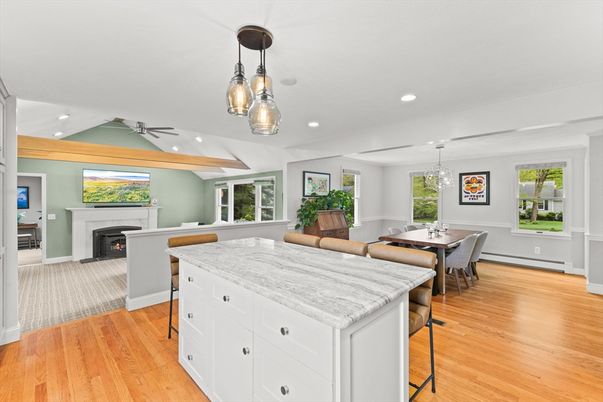 Dining room, Fireplace, Interior, Kitchen, Pendant Lights, Recessed Lighting, Wood Texture Flooring