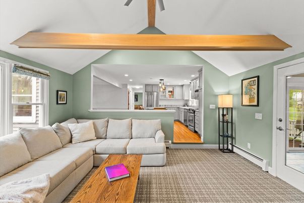 Interior, Kitchen, Living room, Pendant Lights, Recessed Lighting, Stainless Steel Appliances, Wooden Beams, Wood Texture Flooring