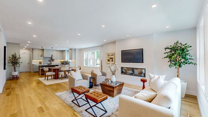 Dining room, Fireplace, Interior, Kitchen, Living room, Pendant Lights, Recessed Lighting, Wood Texture Flooring
