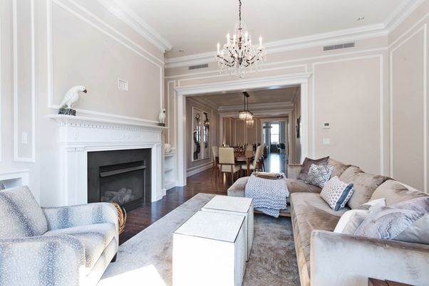 Chandelier, Dining room, Fireplace, Interior, Living room, Pendant Lights, Wood Texture Flooring