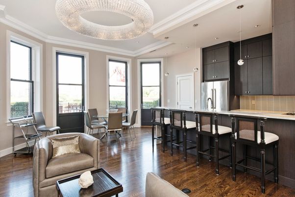 Dining room, Interior, Kitchen, Pendant Lights, Recessed Lighting, Stainless Steel Appliances, Wood Texture Flooring
