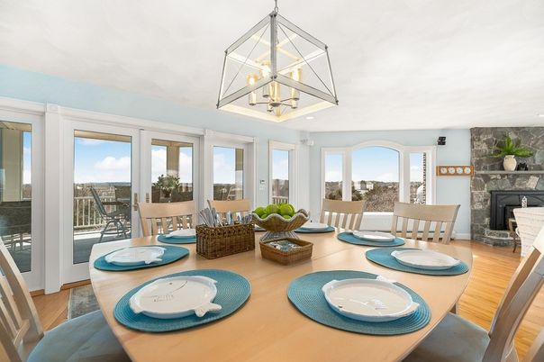 Dining room, Fireplace, Interior, Pendant Lights, Wood Texture Flooring