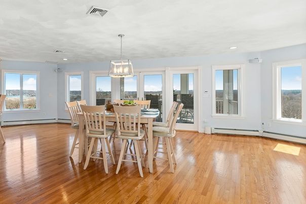 Dining room, Interior, Pendant Lights, Recessed Lighting, Wood Texture Flooring