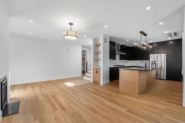 Interior, Kitchen, Pendant Lights, Recessed Lighting, Stainless Steel Appliances, Wood Texture Flooring