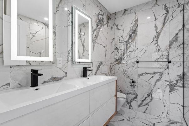 Bathroom, Dual Sink Vanities, Interior, Marble, Marble Walls, Recessed Lighting