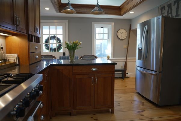 Interior, Kitchen, Pendant Lights, Recessed Lighting, Stainless Steel Appliances, Wooden Ceilings, Wood Texture Flooring