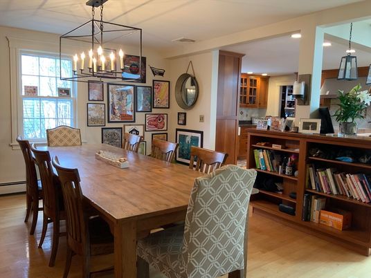 Dining room, Interior, Pendant Lights, Wood Texture Flooring