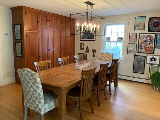 Dining room, Interior, Pendant Lights, Wood Texture Flooring