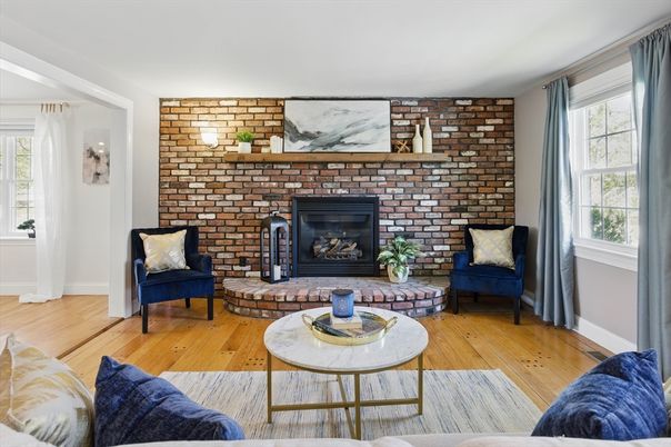 Fireplace, Interior, Living room, Stone Walls, Wood Texture Flooring