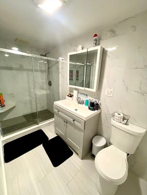 Bathroom, Glass Shower, Interior, Marble Walls, Recessed Lighting