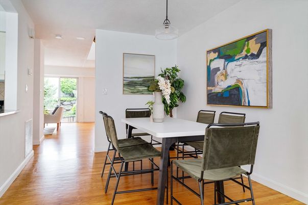 Dining room, Interior, Pendant Lights, Wood Texture Flooring