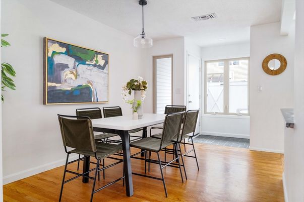 Dining room, Interior, Pendant Lights, Wood Texture Flooring