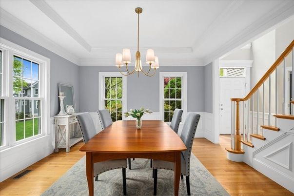 Chandelier, Dining room, Interior, Wood Texture Flooring