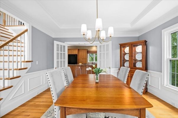 Chandelier, Dining room, Interior, Wood Texture Flooring