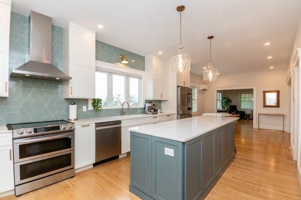 Interior, Kitchen, Pendant Lights, Recessed Lighting, Stainless Steel Appliances, Wood Texture Flooring