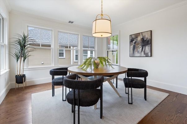 Dining room, Interior, Pendant Lights, Wood Texture Flooring