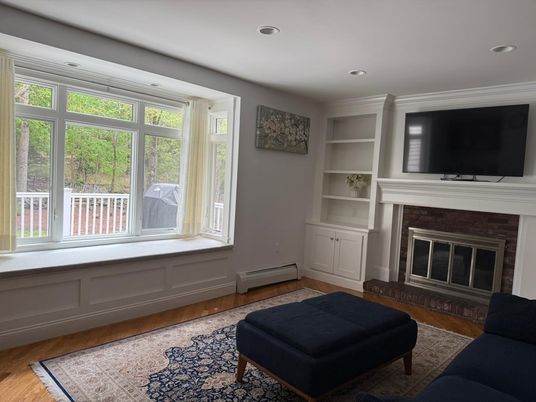 Fireplace, Interior, Recessed Lighting, Wood Texture Flooring