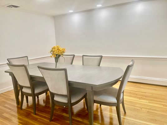 Dining room, Interior, Recessed Lighting, Wood Texture Flooring