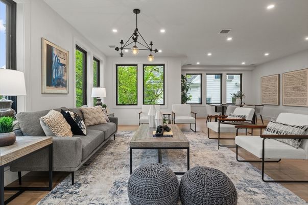 Dining room, Interior, Living room, Pendant Lights, Recessed Lighting, Wood Texture Flooring