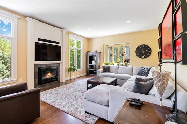 Fireplace, Interior, Living room, Recessed Lighting, Wood Texture Flooring