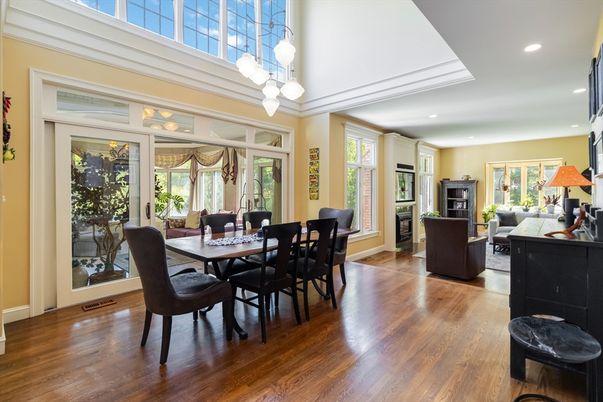 Dining room, Interior, Living room, Pendant Lights, Recessed Lighting, Wood Texture Flooring