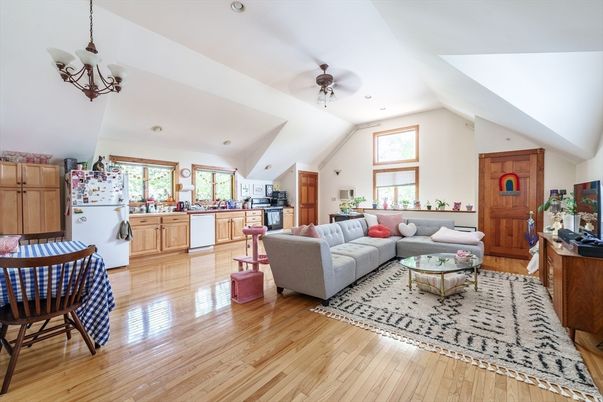 Chandelier, Interior, Kitchen, Living room, Pendant Lights, Recessed Lighting, Wood Texture Flooring
