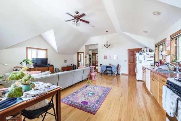 Dining room, Interior, Kitchen, Living room, Pendant Lights, Wood Texture Flooring