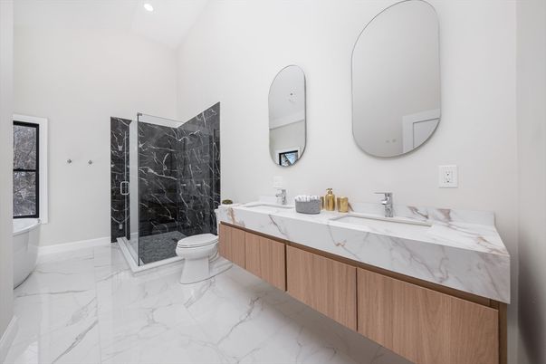 Bathroom, Dual Sink Vanities, Glass Shower, Interior, Marble, Marble Walls