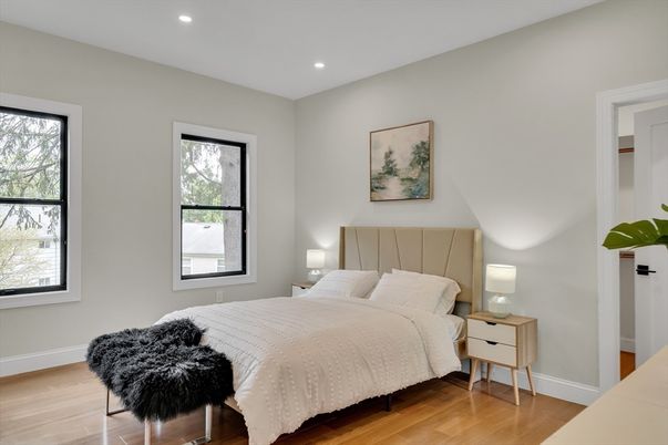 Bedroom, Interior, Recessed Lighting, Wood Texture Flooring