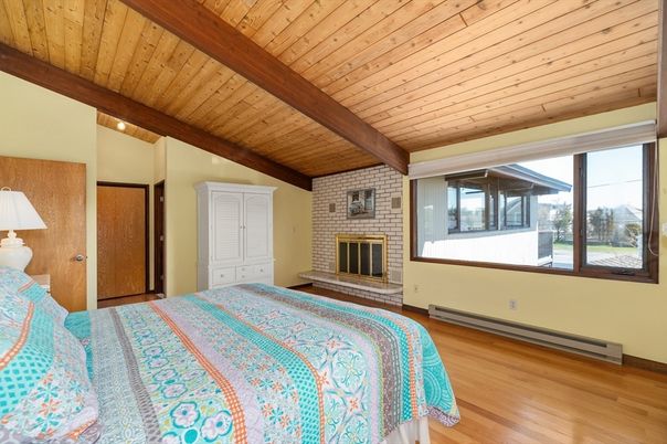 Bedroom, Fireplace, Interior, Stone Walls, Wooden Beams, Wooden Ceilings, Wood Texture Flooring