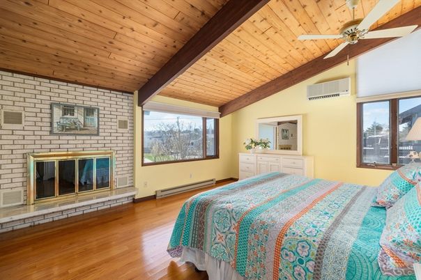 Bedroom, Fireplace, Interior, Stone Walls, Wooden Beams, Wooden Ceilings, Wood Texture Flooring