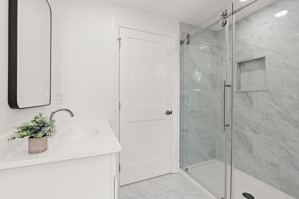 Bathroom, Glass Shower, Interior, Marble, Marble Walls, Recessed Lighting